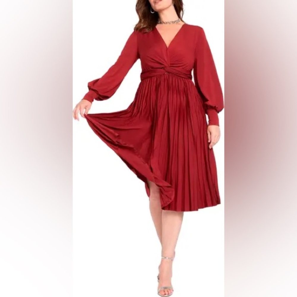 ELOQUII Knot Front Pleated Skirt Dress in Deep Burgundy Red 18 Long Sleeve Midi
